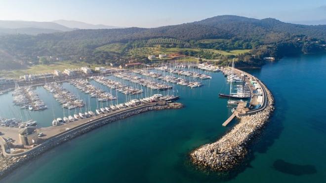 The view of Marina di Scarlino from the sky, with the TP52s to the right of shot © Martinez Studio/52 Super Series